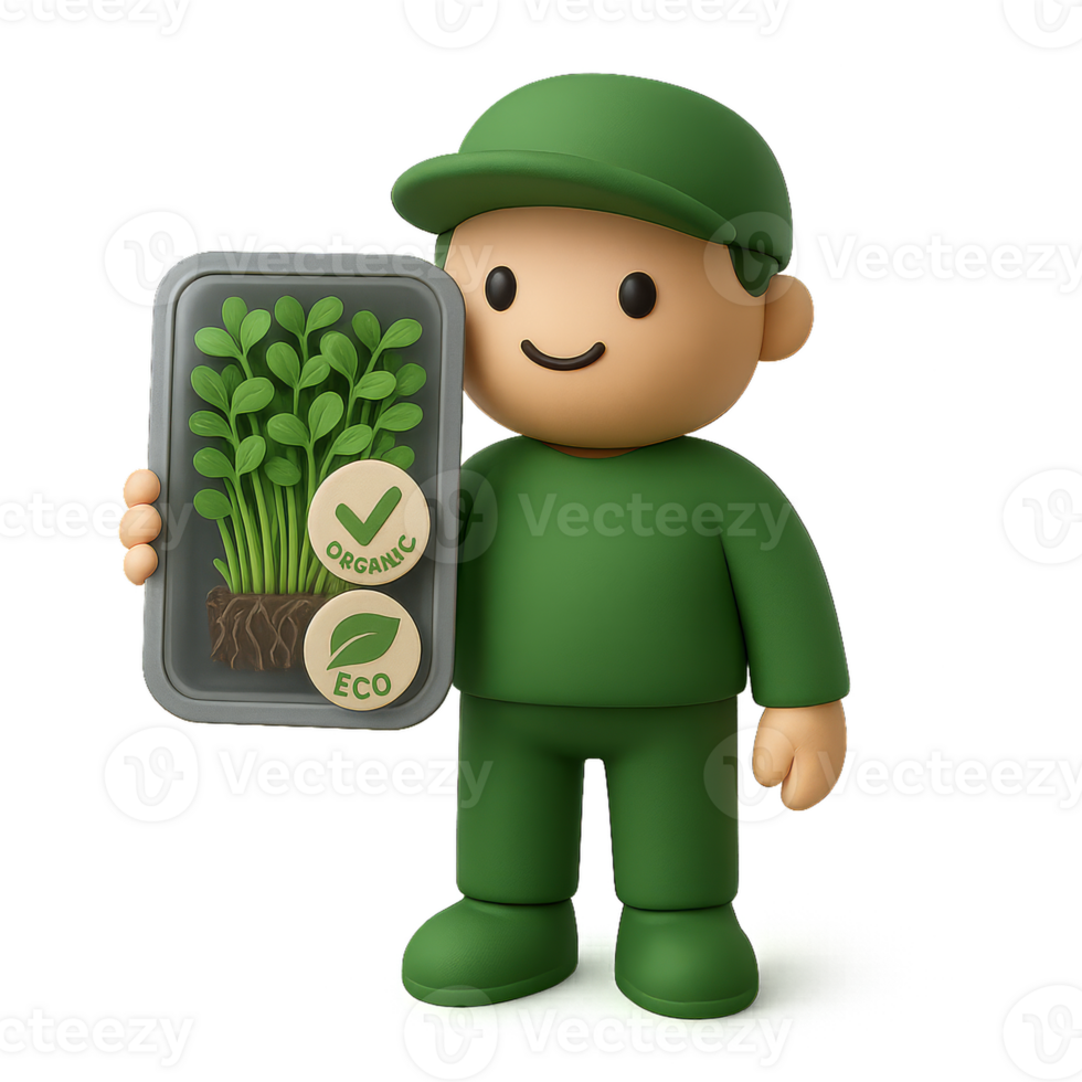 Friendly Character Holding 3D Organic Microgreens Icon in Simple Style png