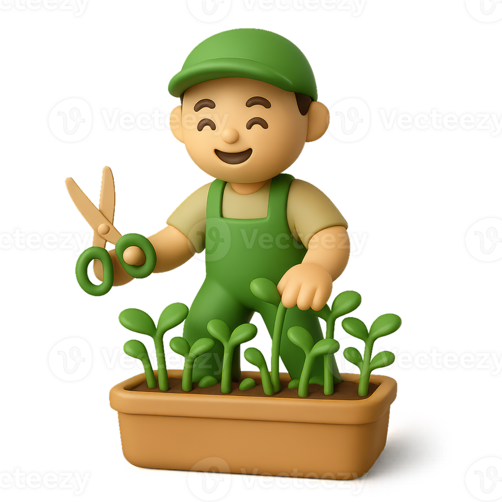 Joyful Gardener Harvesting Microgreens with Simple Tools png