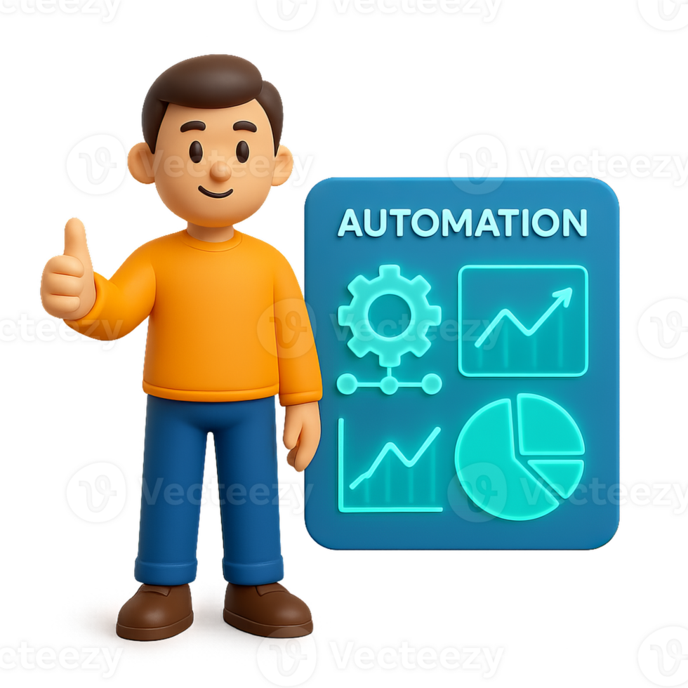 3D Smart Automation Icon with Friendly Character Giving Thumbs Up png