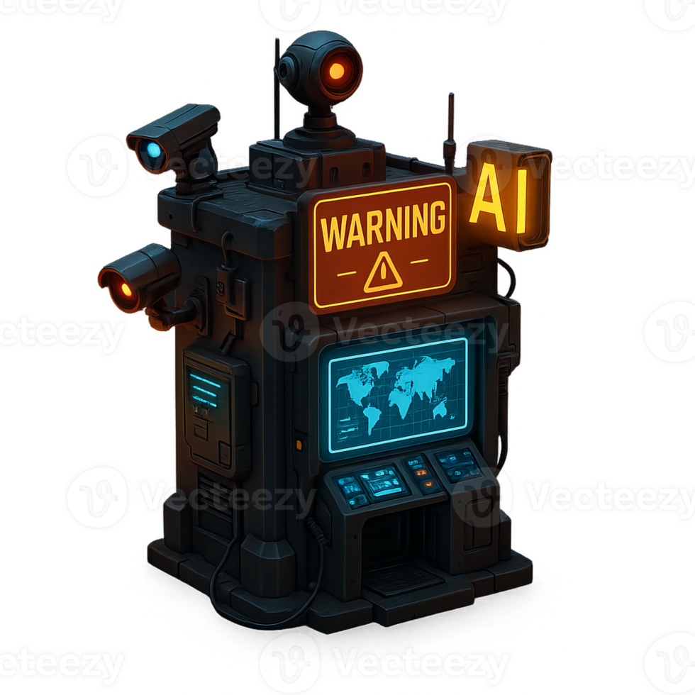 Futuristic Cyberpunk Control Station with AI Warning Signage png