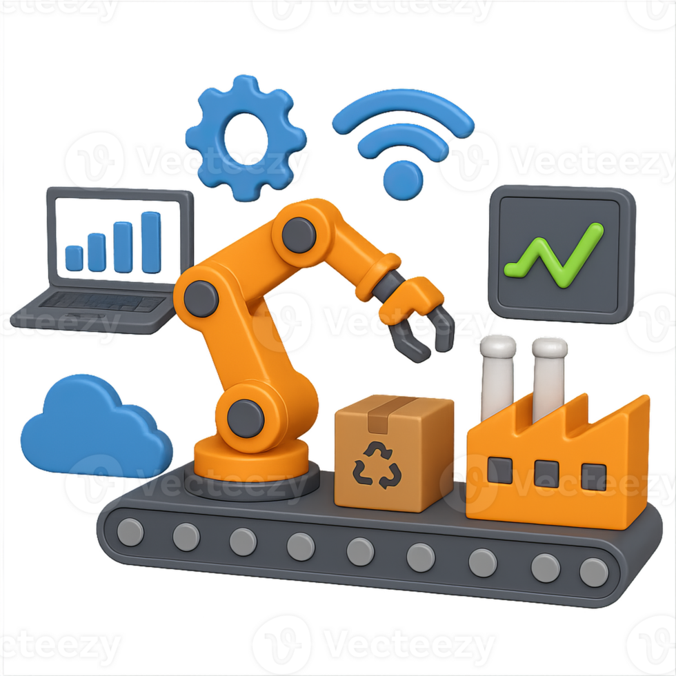 3D Smart Factory Scene with Robot Arm and Data Visualization Elements png