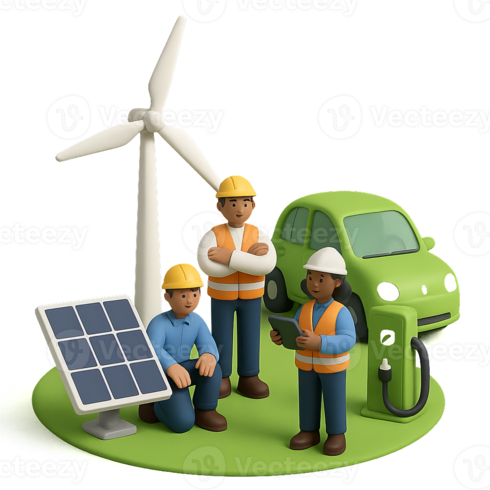 A group of people standing around a car with a wind turbine png