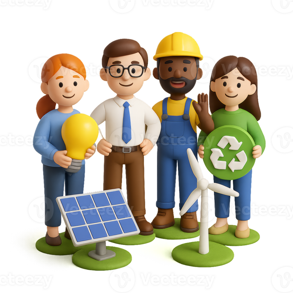 A group of people with solar panels and wind turbines png