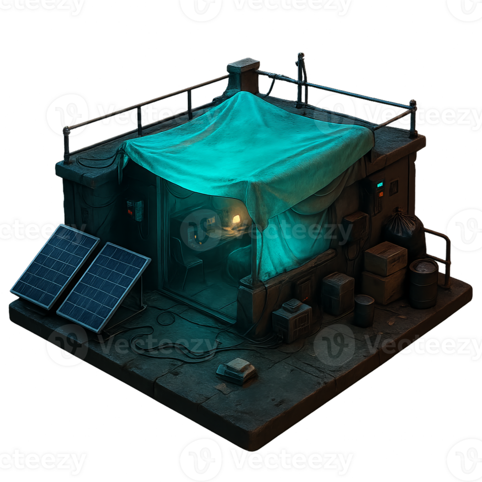 Cyberpunk Rooftop Sanctuary with Temp Cover and Solar Panels png