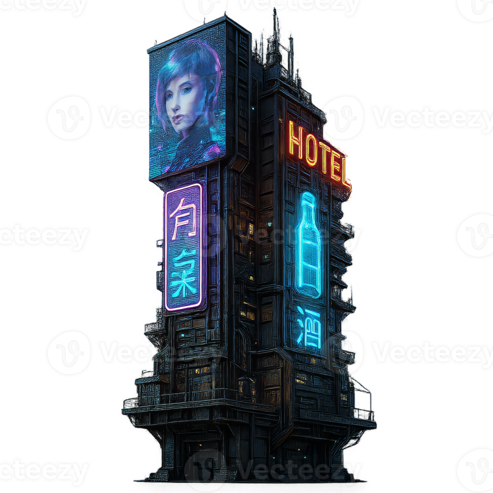 Futuristic Cyberpunk Skyscraper with Neon Lights and Signage png