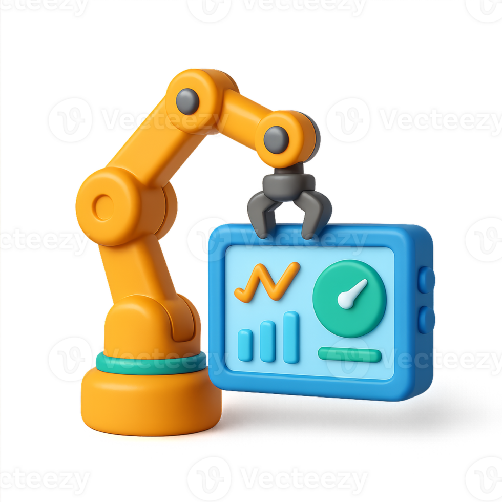 Colorful Robot Arm with Analytics Dashboard in Playful Design png