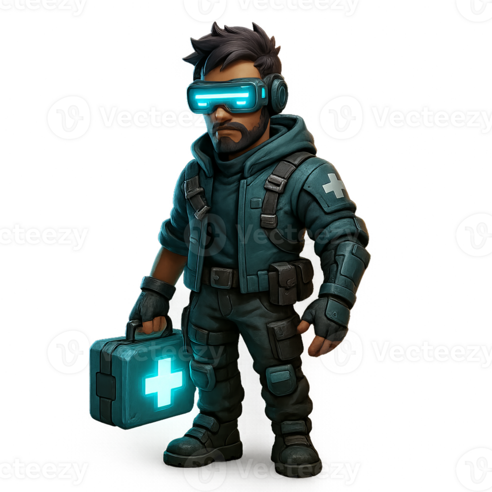 Futuristic Medic Character in Cyberpunk Style with Health Kit png