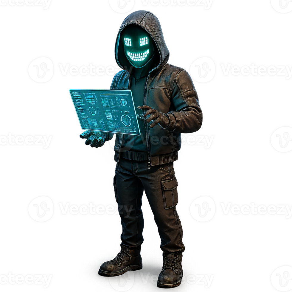 Futuristic Cyberpunk Hacker with Glowing Screen and Smiling Face png