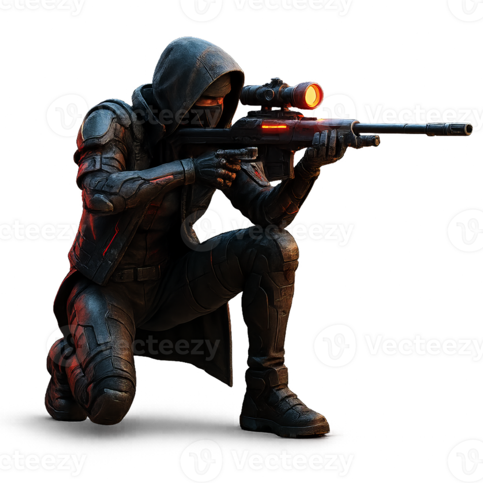 Futuristic Stealth Sniper in Cyberpunk Environment png
