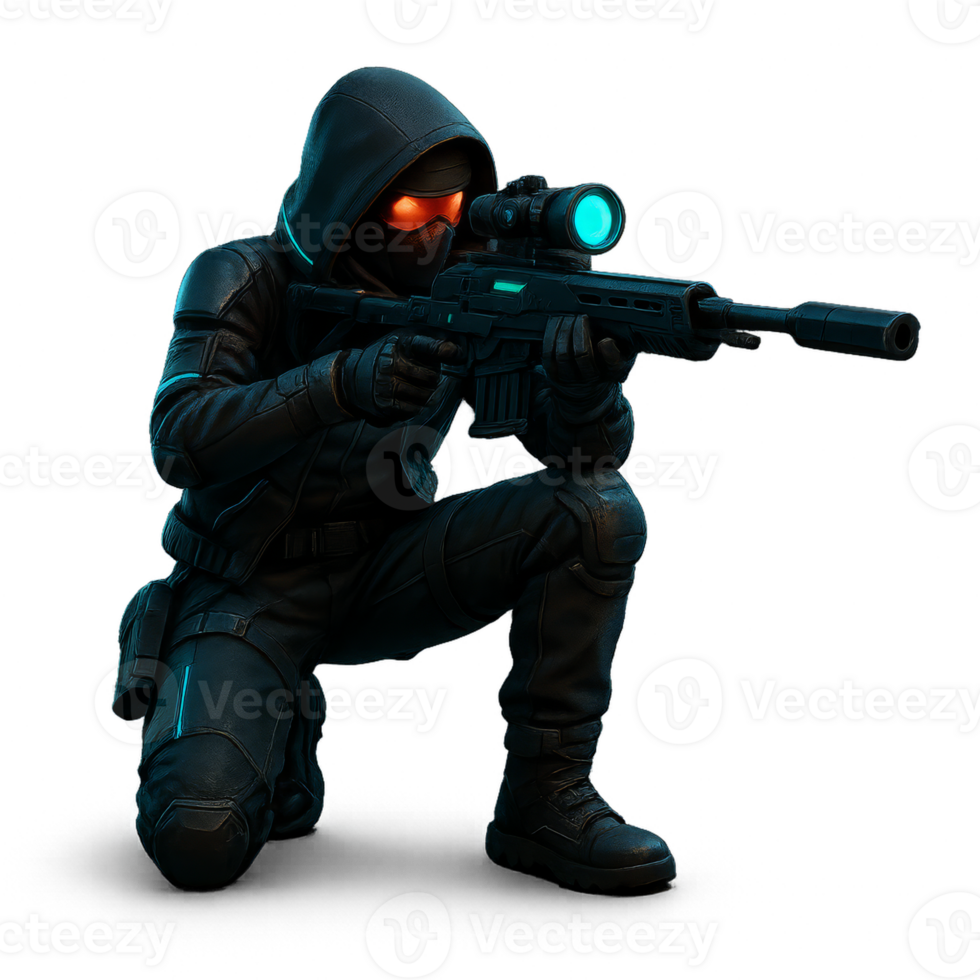 Stealthy Sniper in Cyberpunk Setting with Futuristic Rifle png