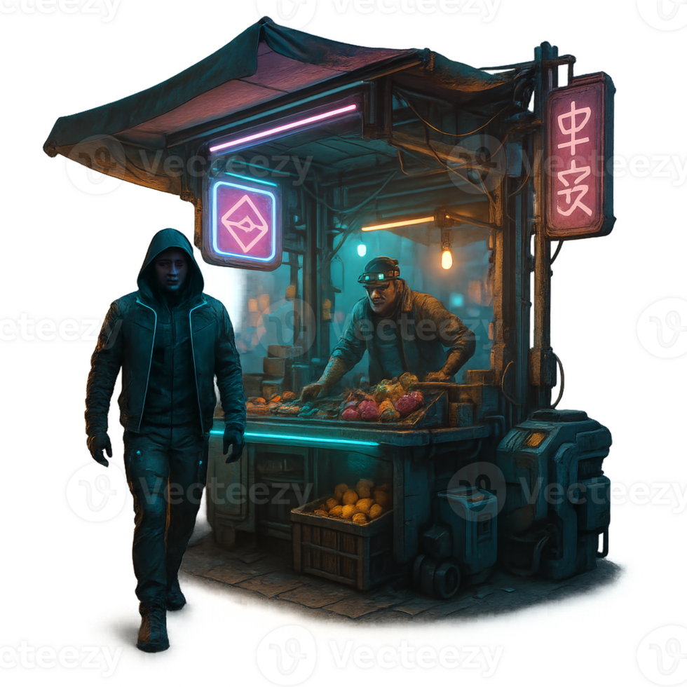 Cyberpunk Marketplace Scene with Neon Lights and Figures png