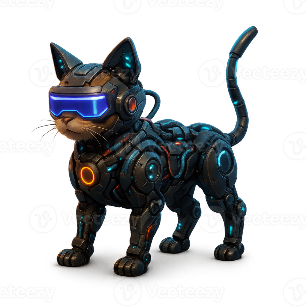 Futuristic Cyberpunk Cat Design with Tech Elements in a Simple Style png
