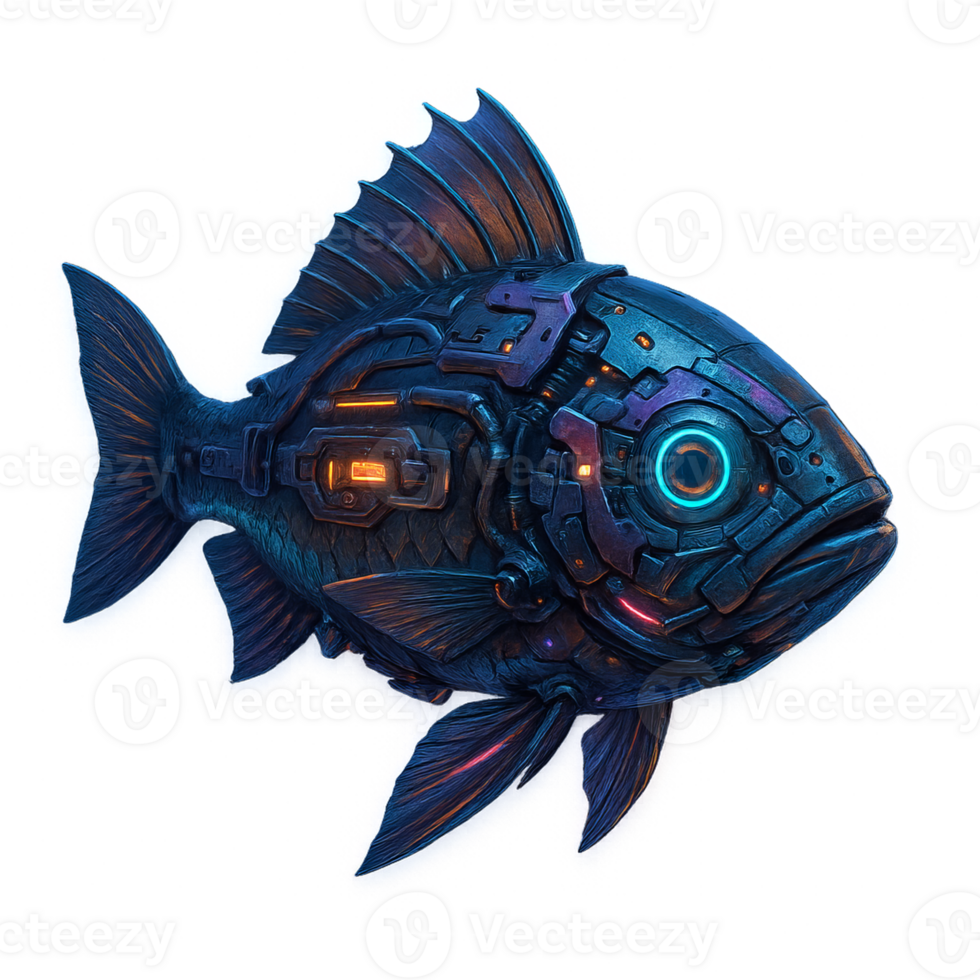 Futuristic Cyberpunk Fish with Neon Elements and Technological Design png