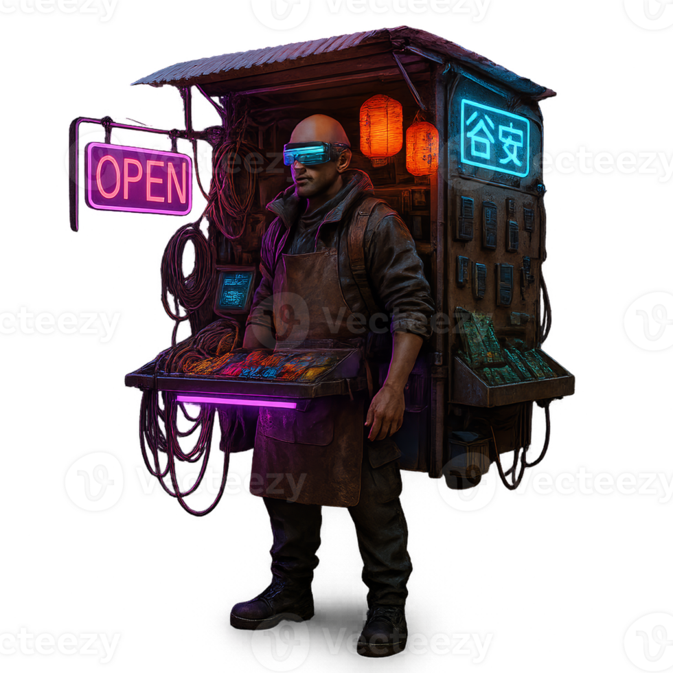 Cyberpunk Marketplace Scene with Futuristic Vendor and Neon Lights png