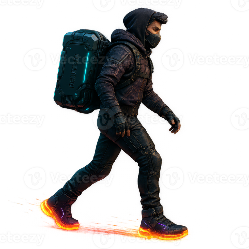 A man in black with a backpack and a flame trail png