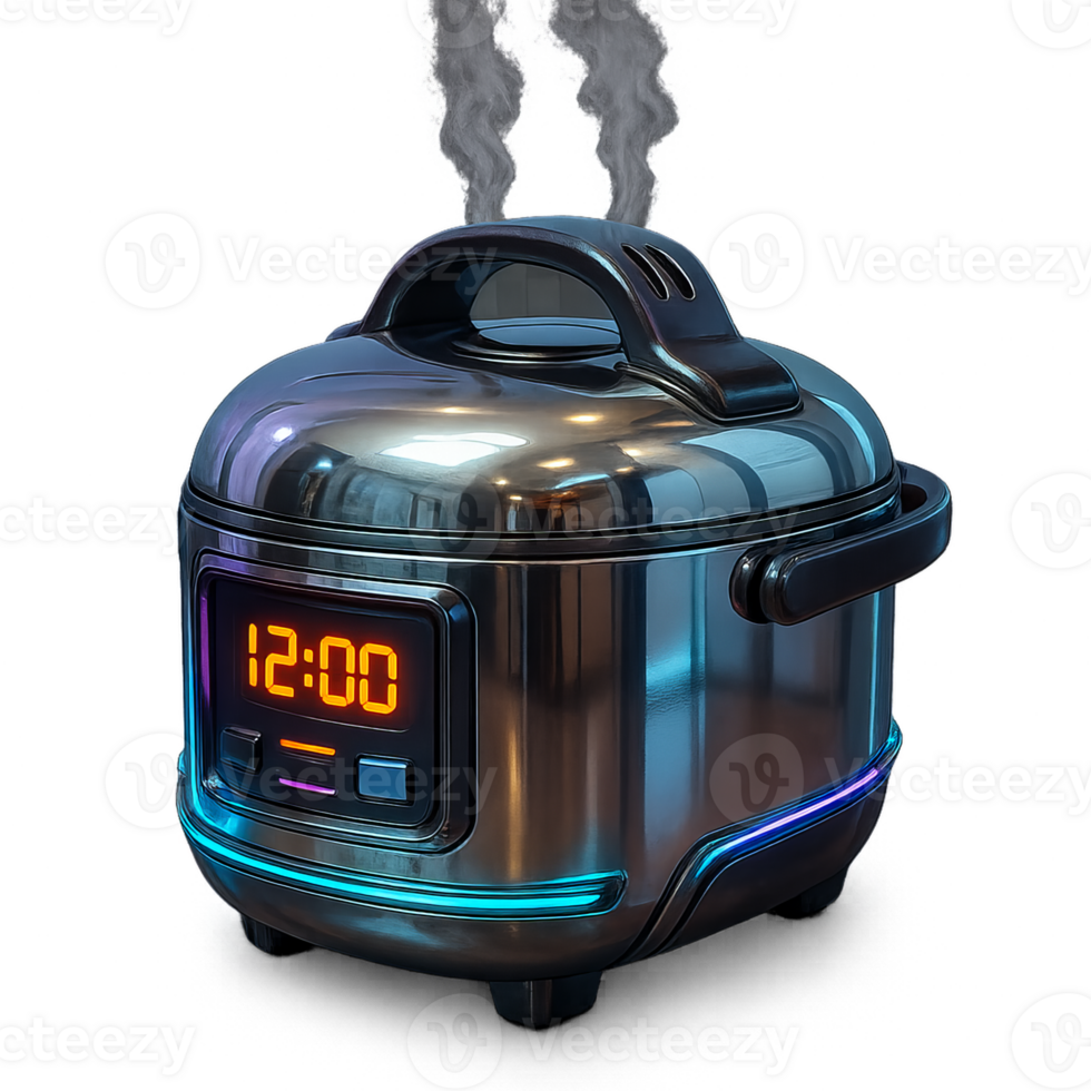 Futuristic Cyberpunk Rice Cooker with Digital Display and Steam png