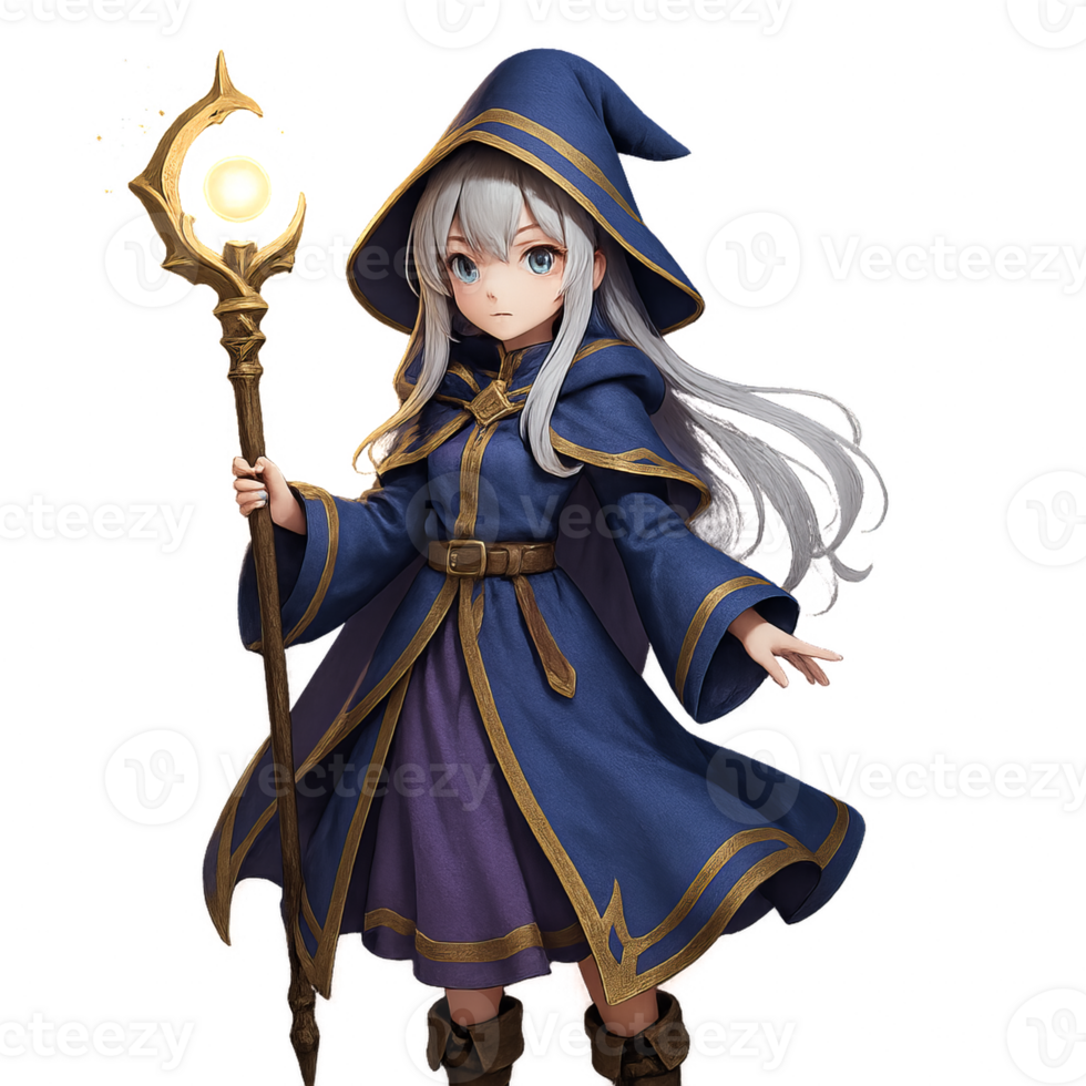 Silver Haired Anime Mage with Staff in Enchanted Background png