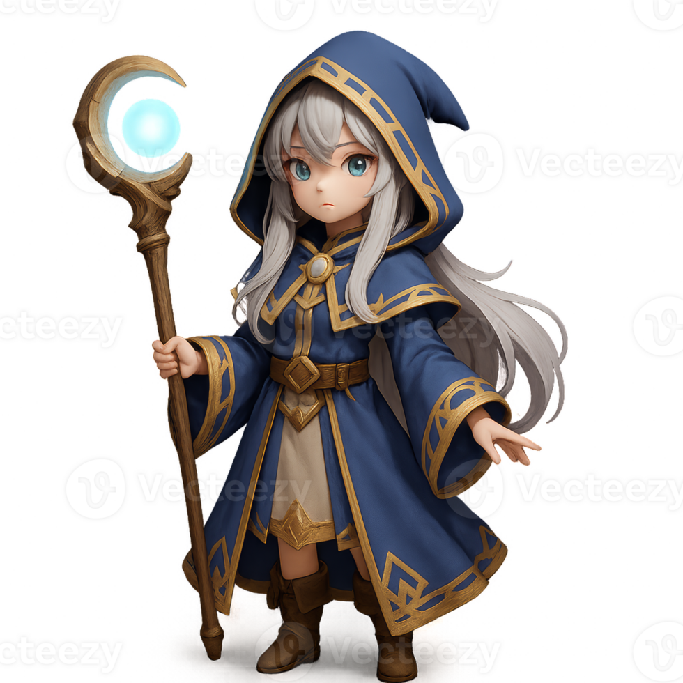 Silver Haired Anime Mage in Blue Robe with Staff and Magic Orb png