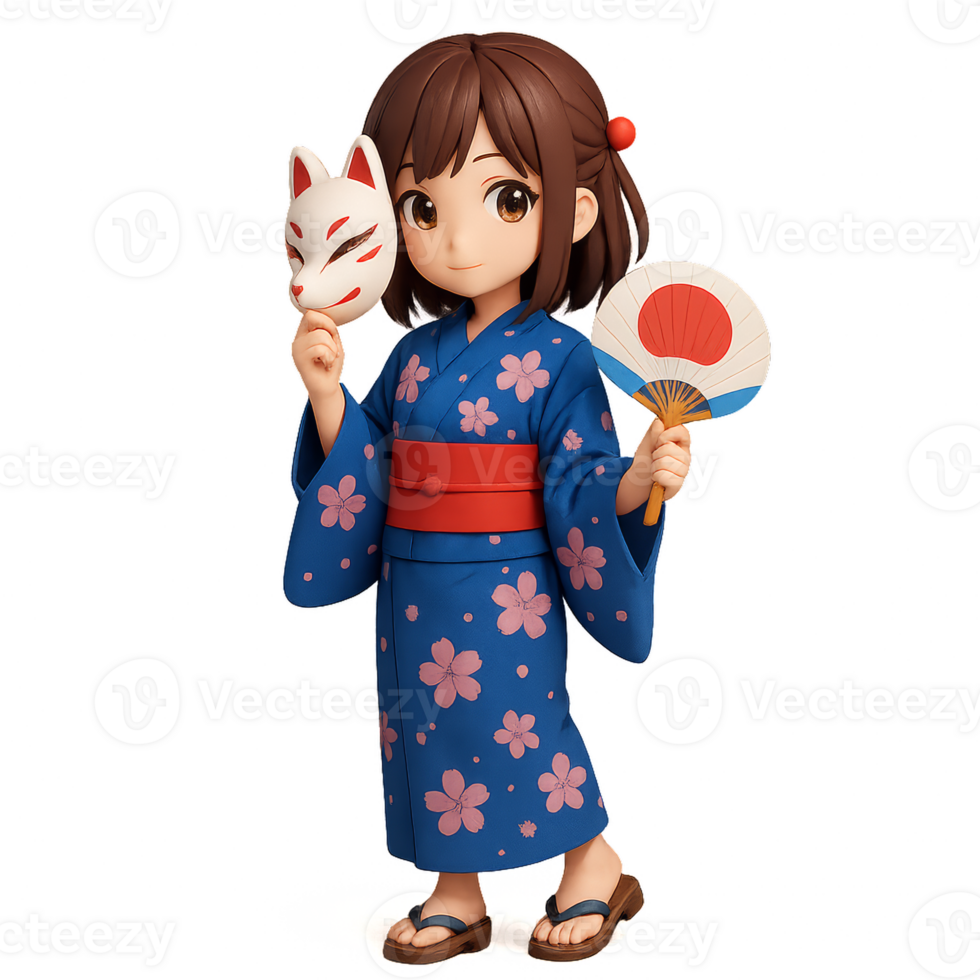 A girl in a kimono holding a cat and a fan png