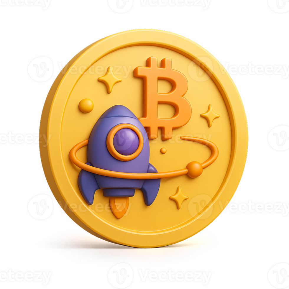 3D Render of Coin with Rocket Icon and Stars in Space Environment png