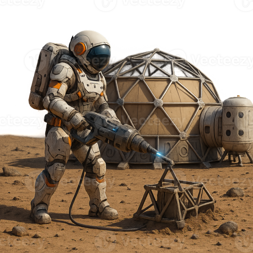 Astronaut Working on Simple Base Design in Alien World Landscape png