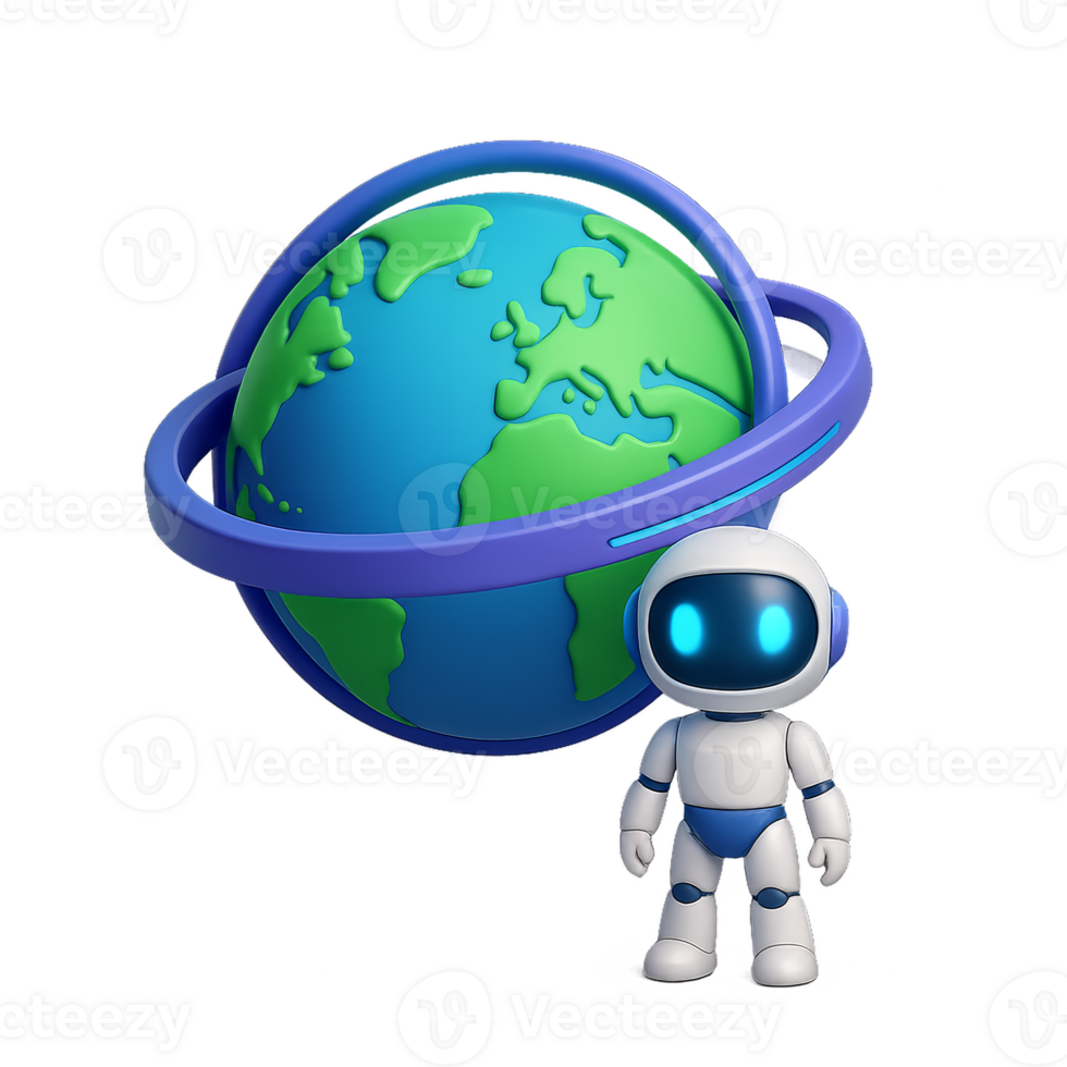Future World Concept with Cute Robot Character and Earth Model png