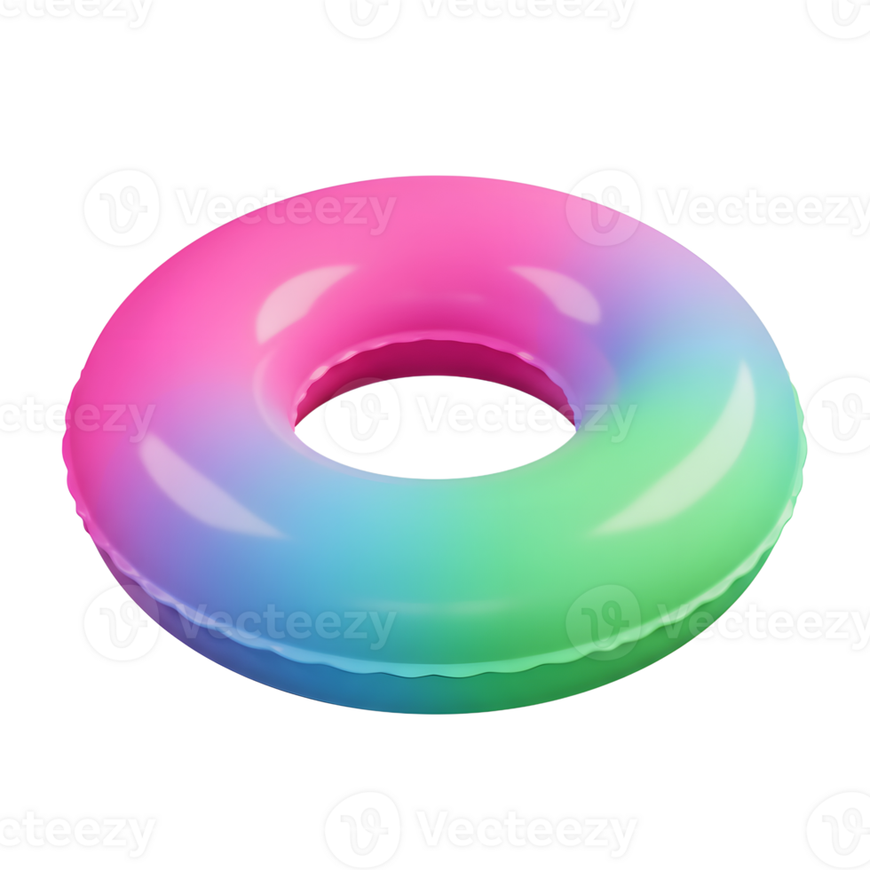 A vibrant inflatable ring displays a gradient of pink, blue, and green hues, designed for swimming and relaxation in the water. png