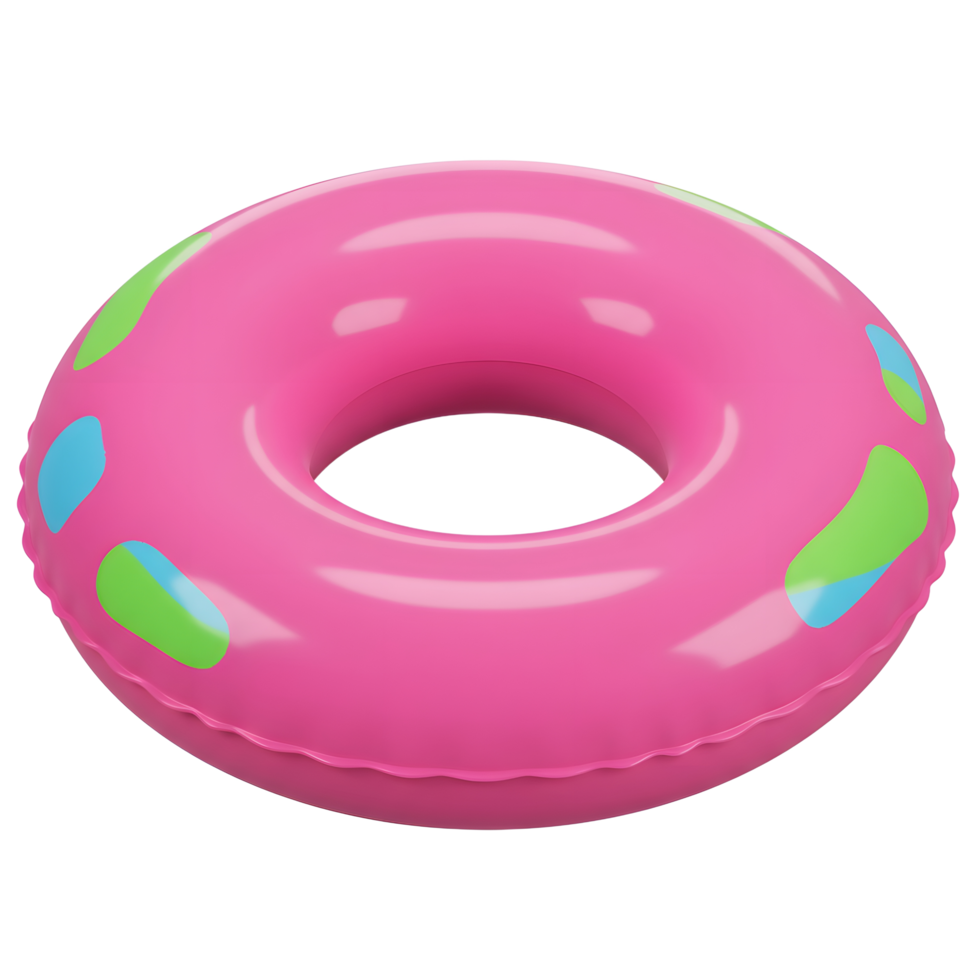 This is a bright pink inflatable swimming ring with green and blue spots designed to help someone float and play in the water. png