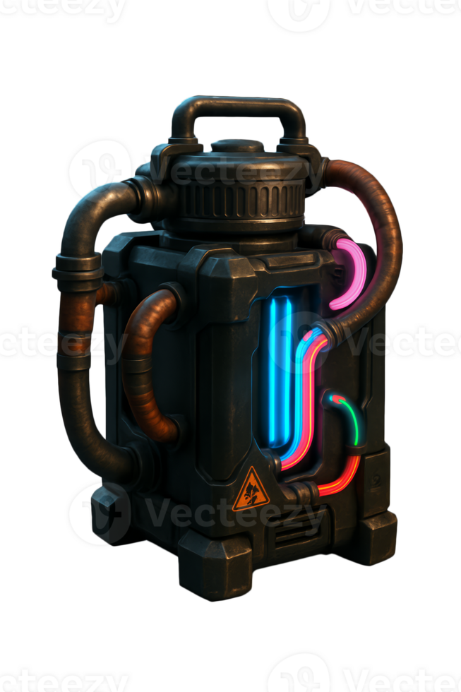 Futuristic Device with Colorful Tubes and Warning Symbols png