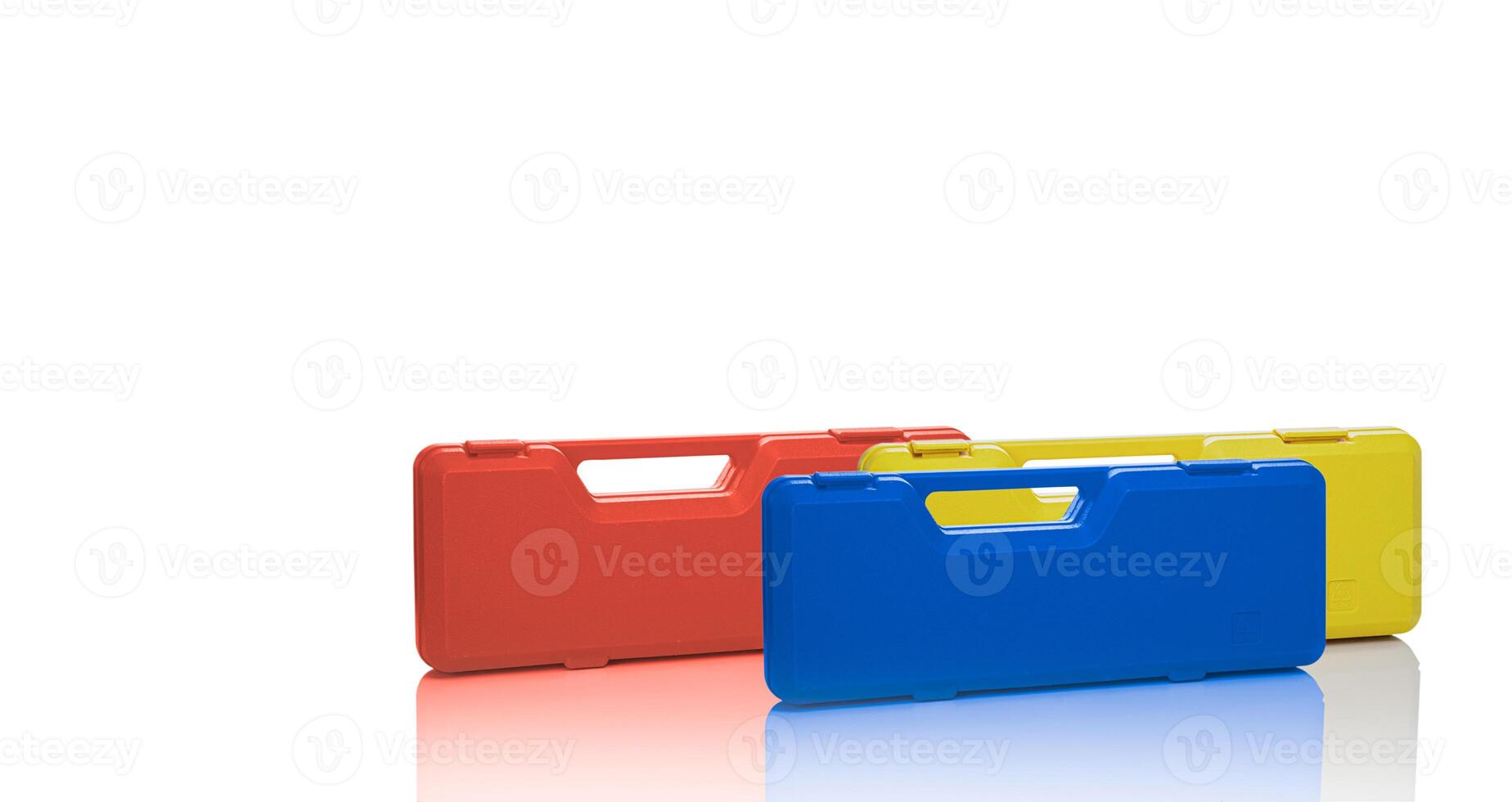 Plastic toolbox isolated on white background perfect for construction professionals and DIY home improvement. Tool storage box. Handyman services and workshop equipment. Portable toolbox container. photo