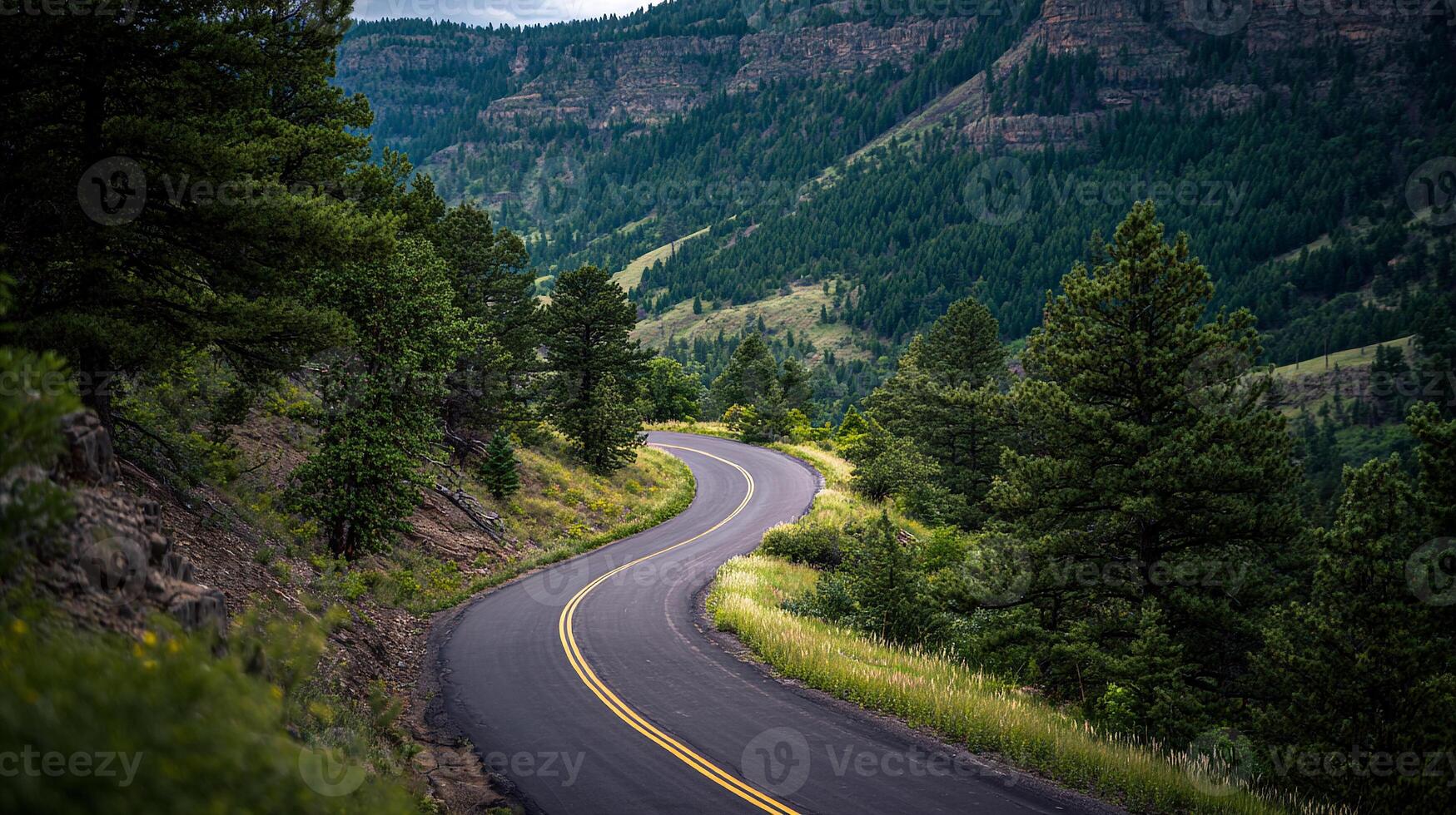 Realistic road between colorful trees and foliage photo