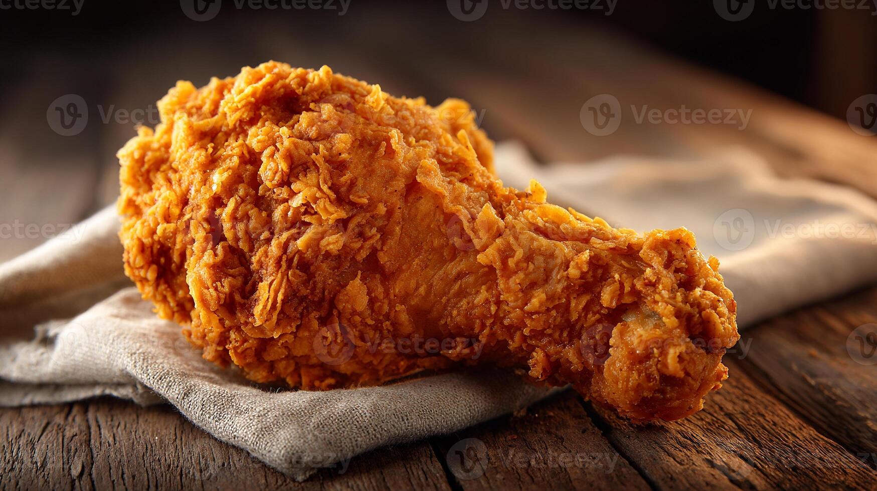 Photorealistic fried chicken leg on rustic wood photo