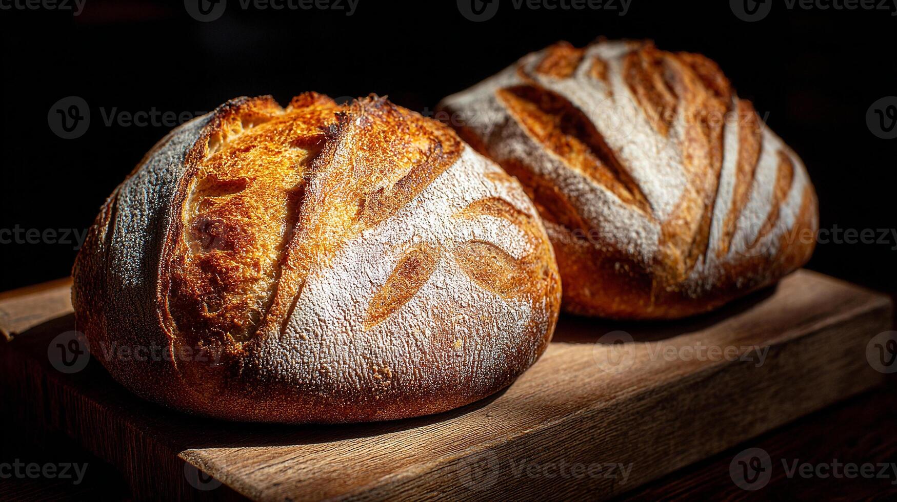 Tasty bread loaf image with flour dust on wooden base photo