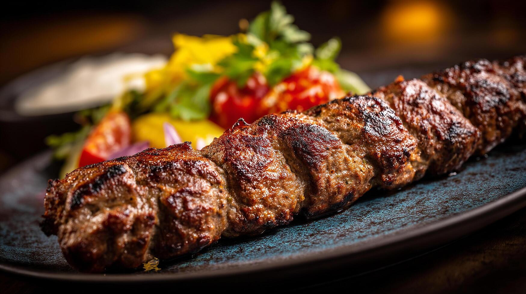 Tasty fresh kabab with lemon and garnish photo