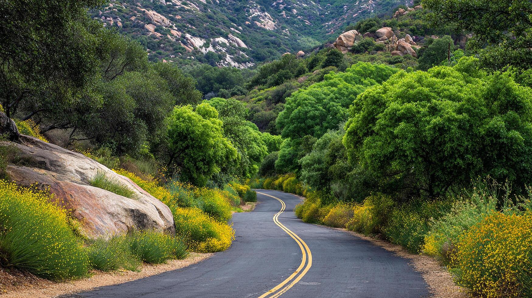 Winding road with trees and soft terrain photo