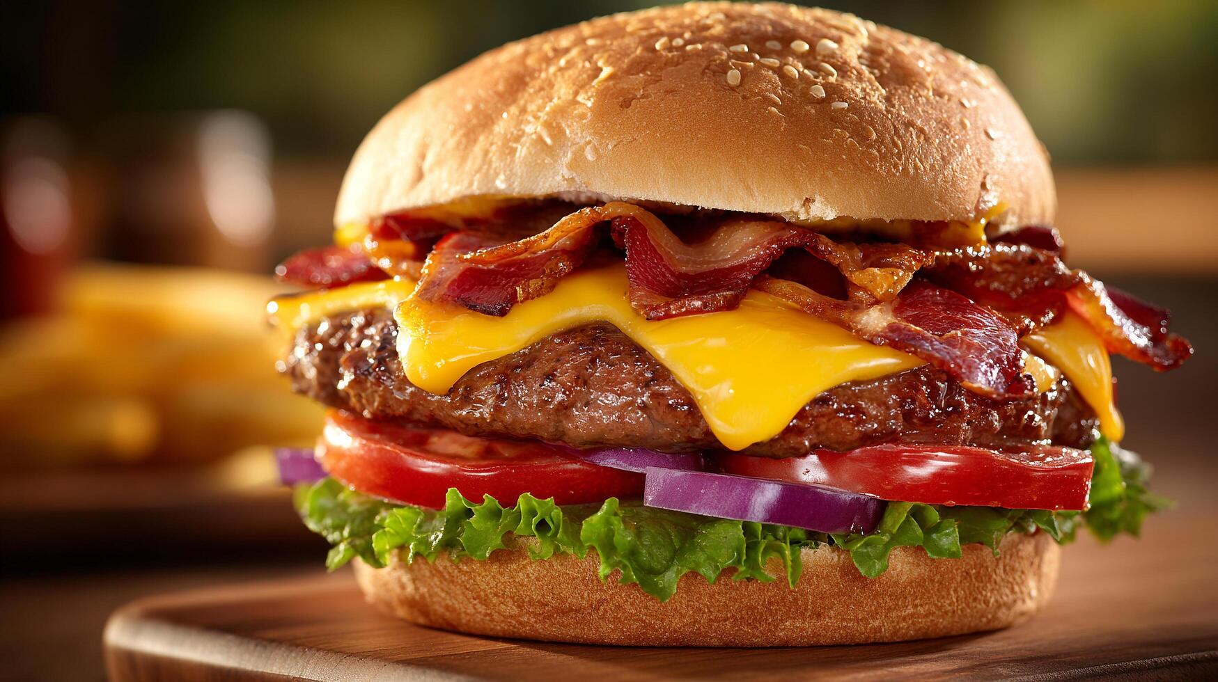 Crisp closeup photo of cheeseburger with melted cheese slice