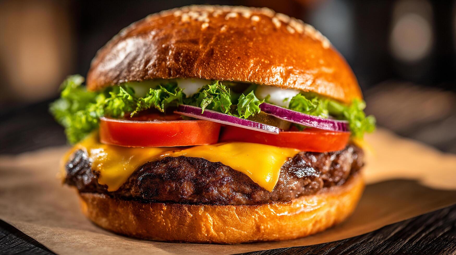Sharp focused cheeseburger photo with fresh lettuce and tomato
