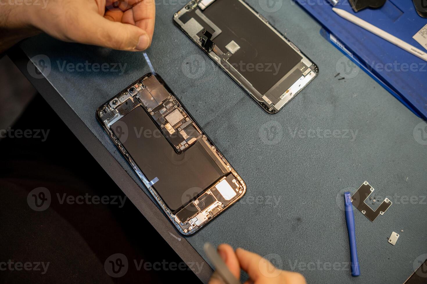 Phone Repair Technician Meticulously Works on a Smartphone Disassembly and Replacement in a Repair Shop Setting During the Day photo