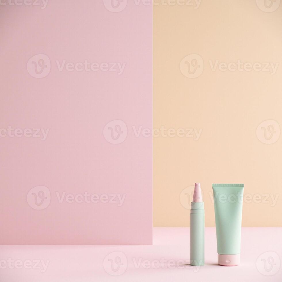 A tube of toothpaste and a tube of toothpaste on a pink and pastel background photo
