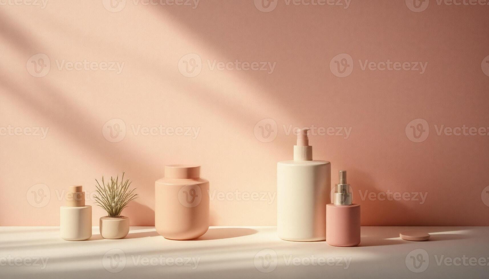 Pink cosmetic bottles on a table with a plant photo