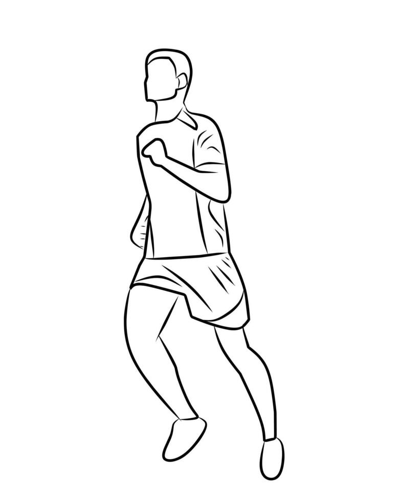 Line art of a man running in athletic clothes and sneakers. The figure is in motion, with one leg forward and one arm bent, showing dynamic movement. vector