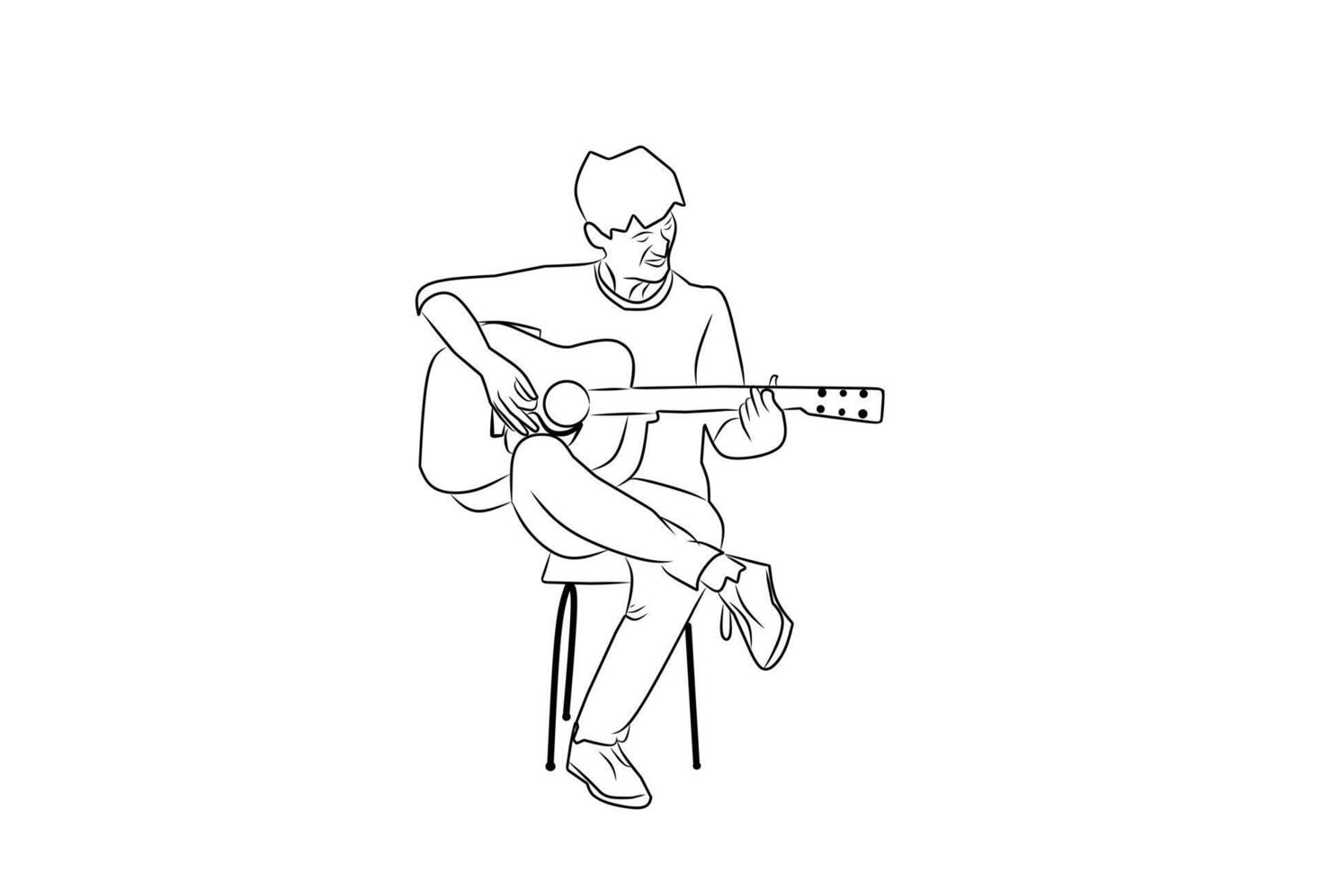 Line art of a person sitting on a stool, playing an acoustic guitar with crossed legs, focused expression, and casual clothing. vector