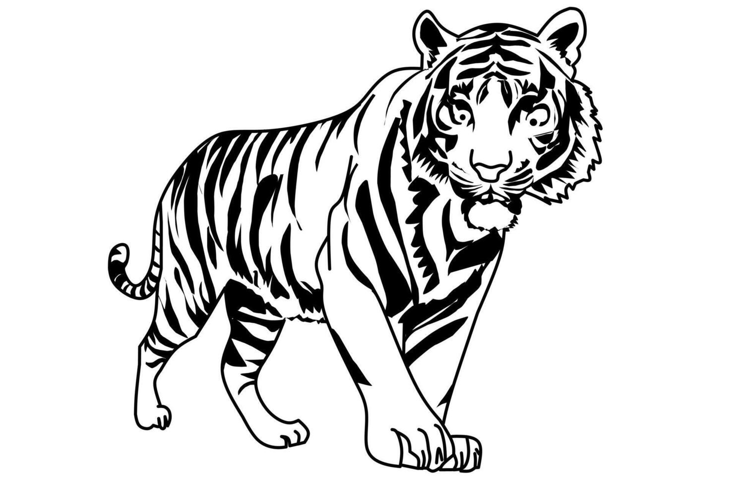 Black and white tiger illustration in walking pose with bold stripes and strong expression. Perfect for tattoos, logos, or animal-themed designs. vector