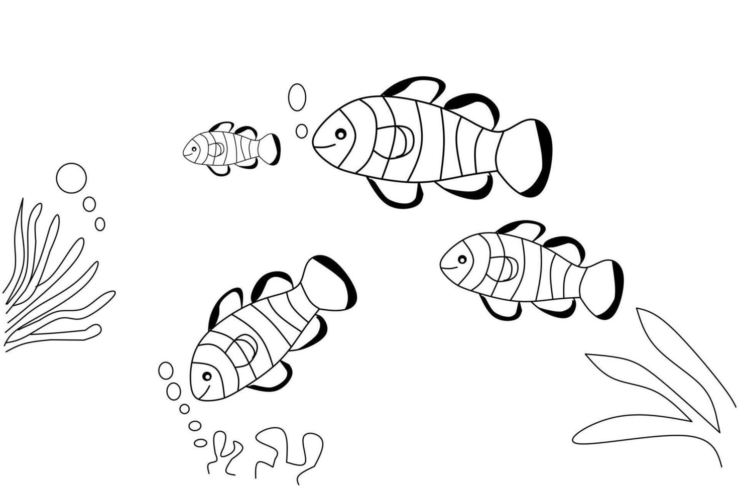 Line art illustration of four clownfish swimming underwater with sea plants and bubbles. Minimalist marine-themed drawing perfect for ocean or aquatic designs. vector