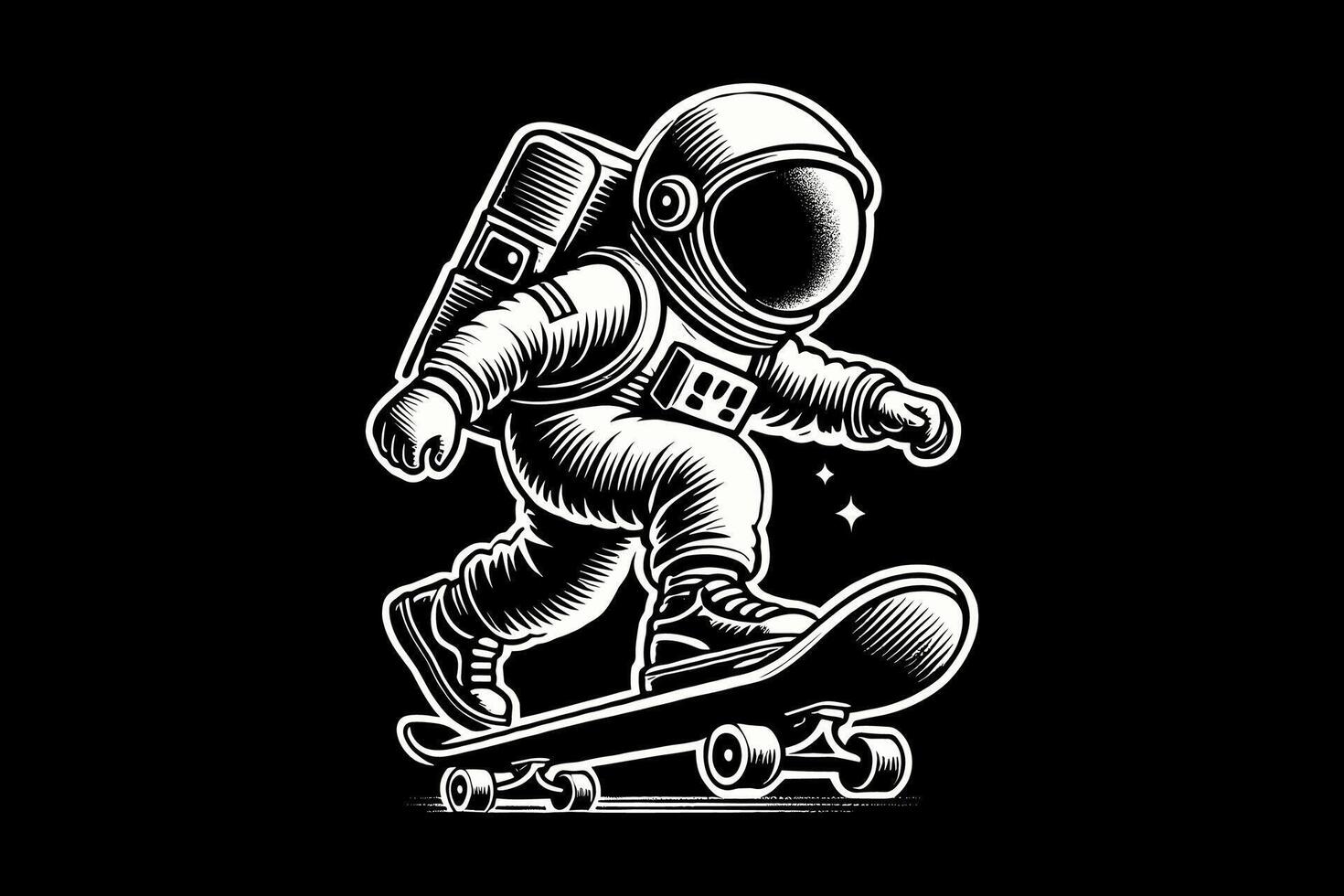 cool astronaut riding a skateboard on a black background vector