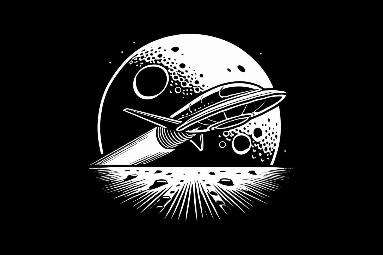 A black and white logo of a rocket flying over the moon vector