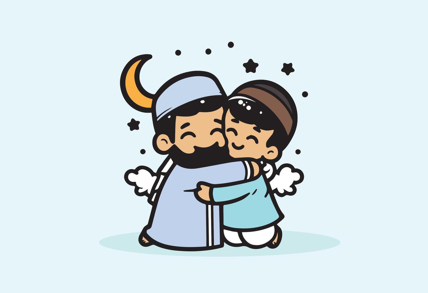 Cute Cartoon Muslim Father Son Hugging Eid Mubarak, Islamic cartoon character hugging each other vector
