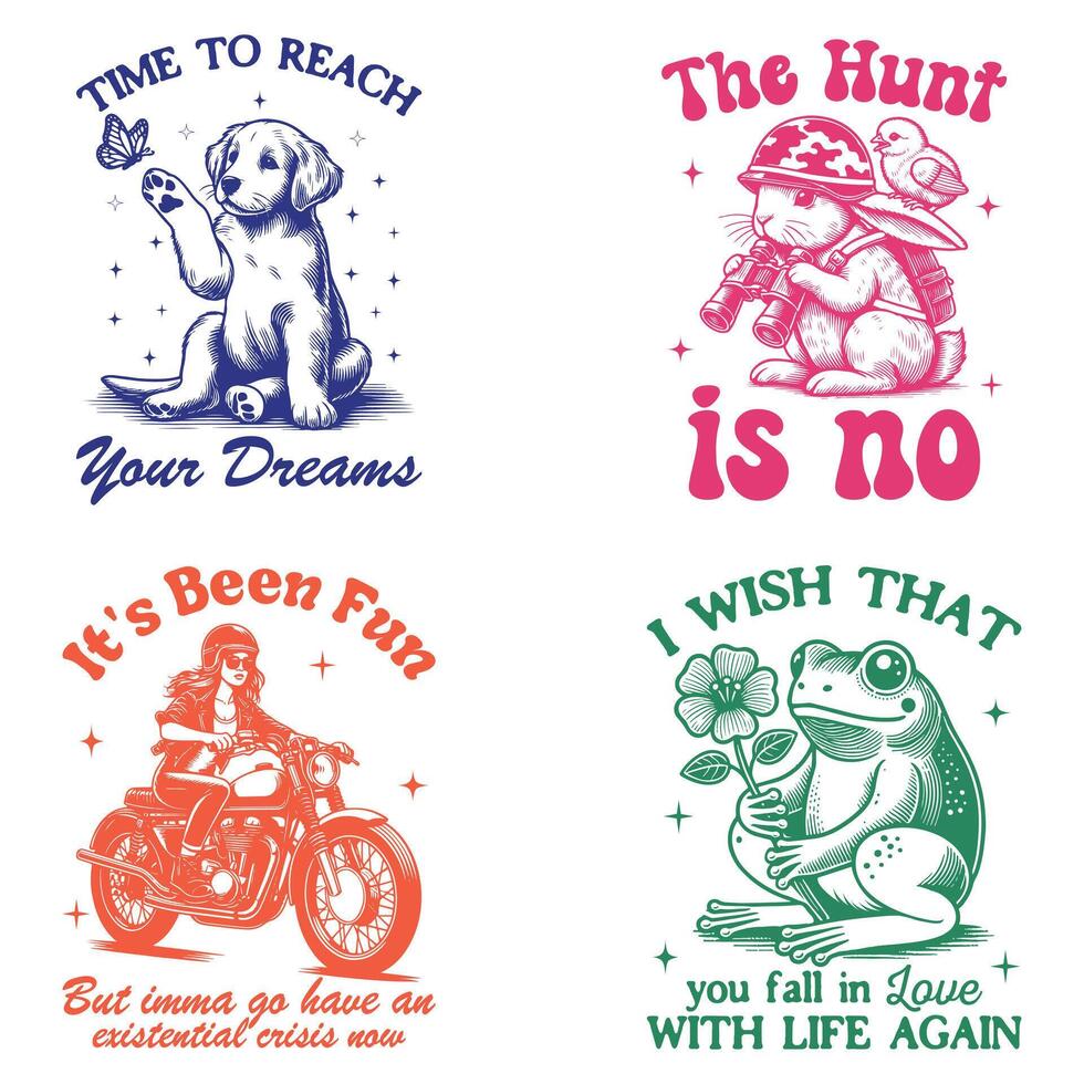 Four different t - shirts with different animals and phrases vector