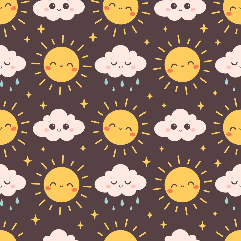 Cute seamless pattern with cloud and sun characters. Design for textile, wallpaper, wrapping paper, background, card. vector