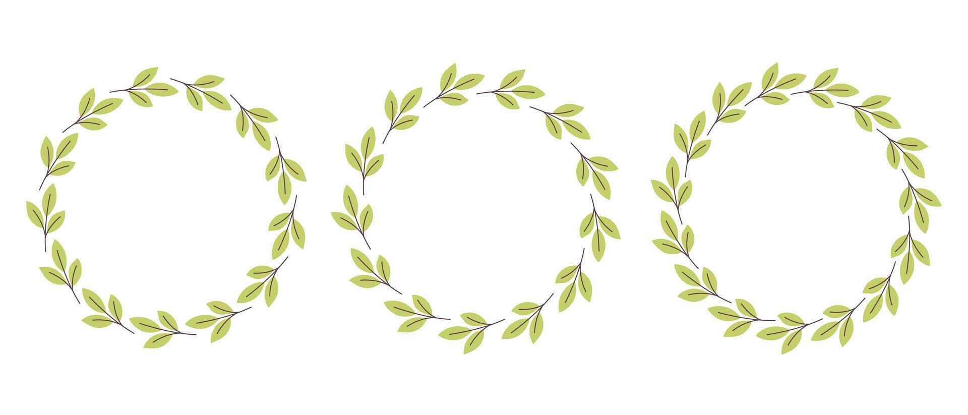 Cute gently simple flower circle frame. Hand drawn botanical round border, green branches wreath, laurel. Design for invitation, card, banner, logo vector